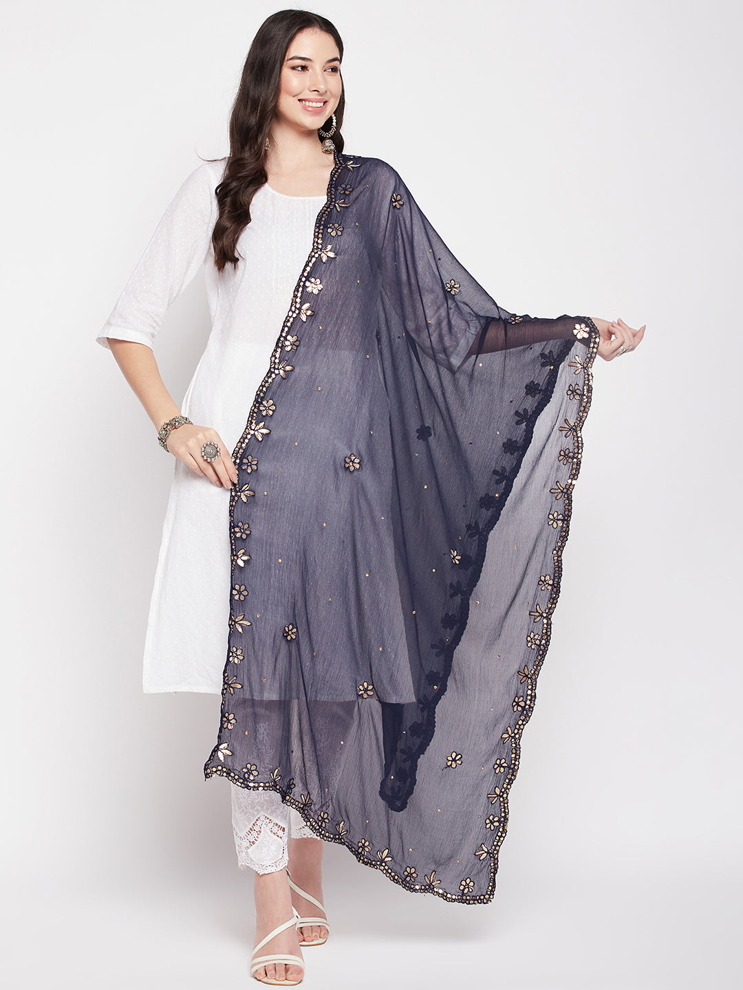 Navy Blue Gotta Patti Chiffon Dupatta with embellished border.