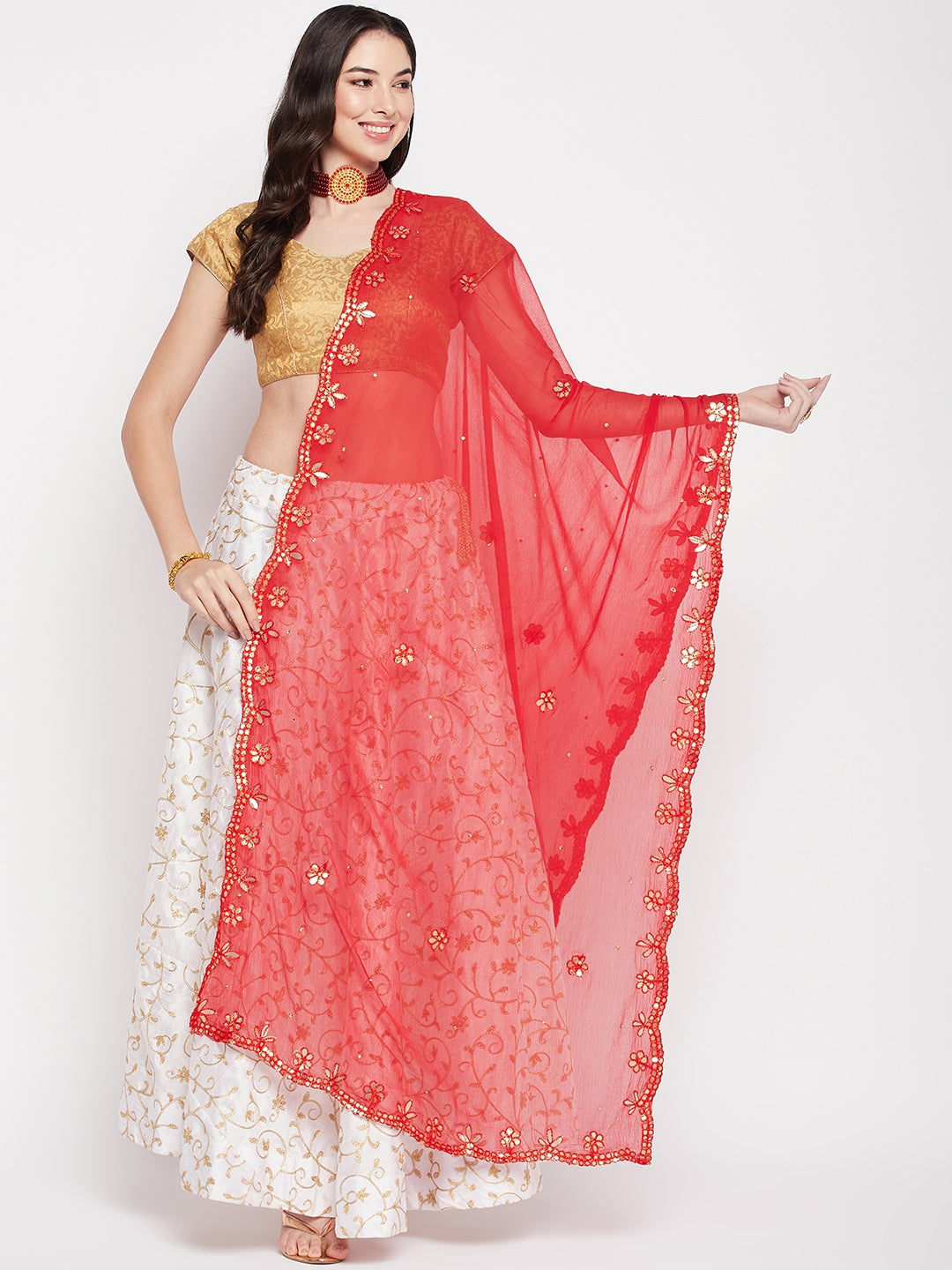 Red Gotta Patti chiffon dupatta with embellished border.