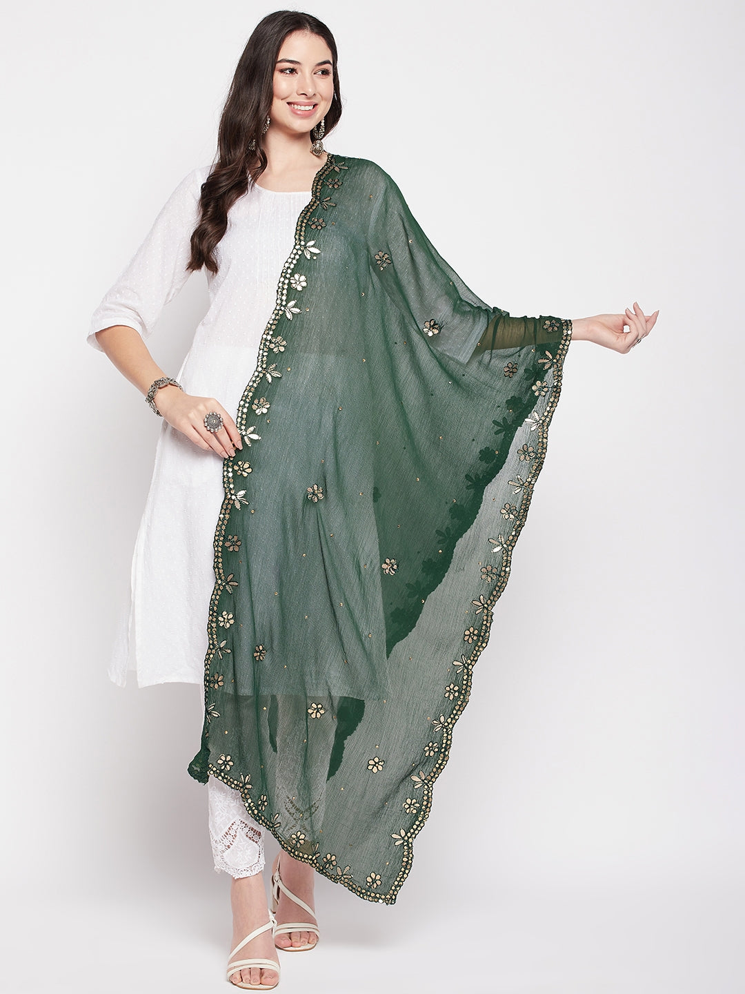 Clora Bottle Green Gotta Patti Chiffon Dupatta