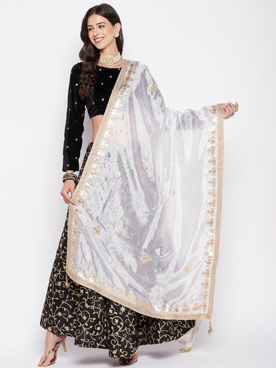 White Gotta Patti Silk Blend Dupatta with embellished border