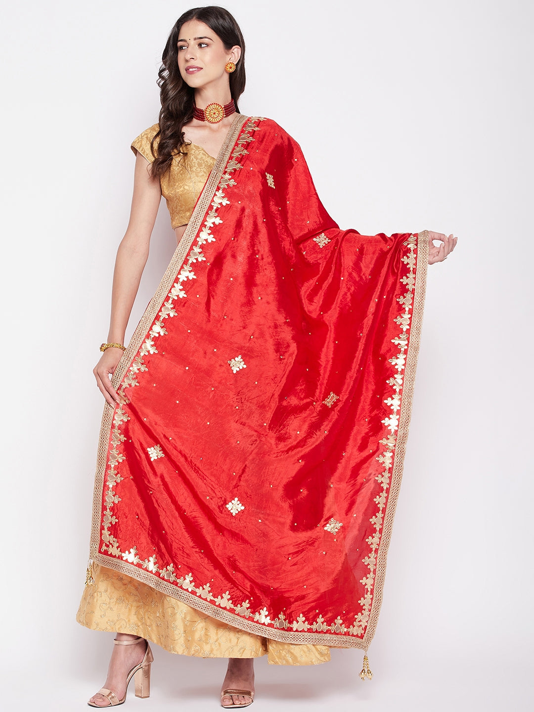 Red Gotta Patti Silk Blend Dupatta with embellished border.