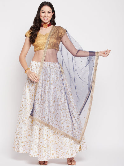 Navy Blue Sequinned Net Dupatta with Tasselled Border