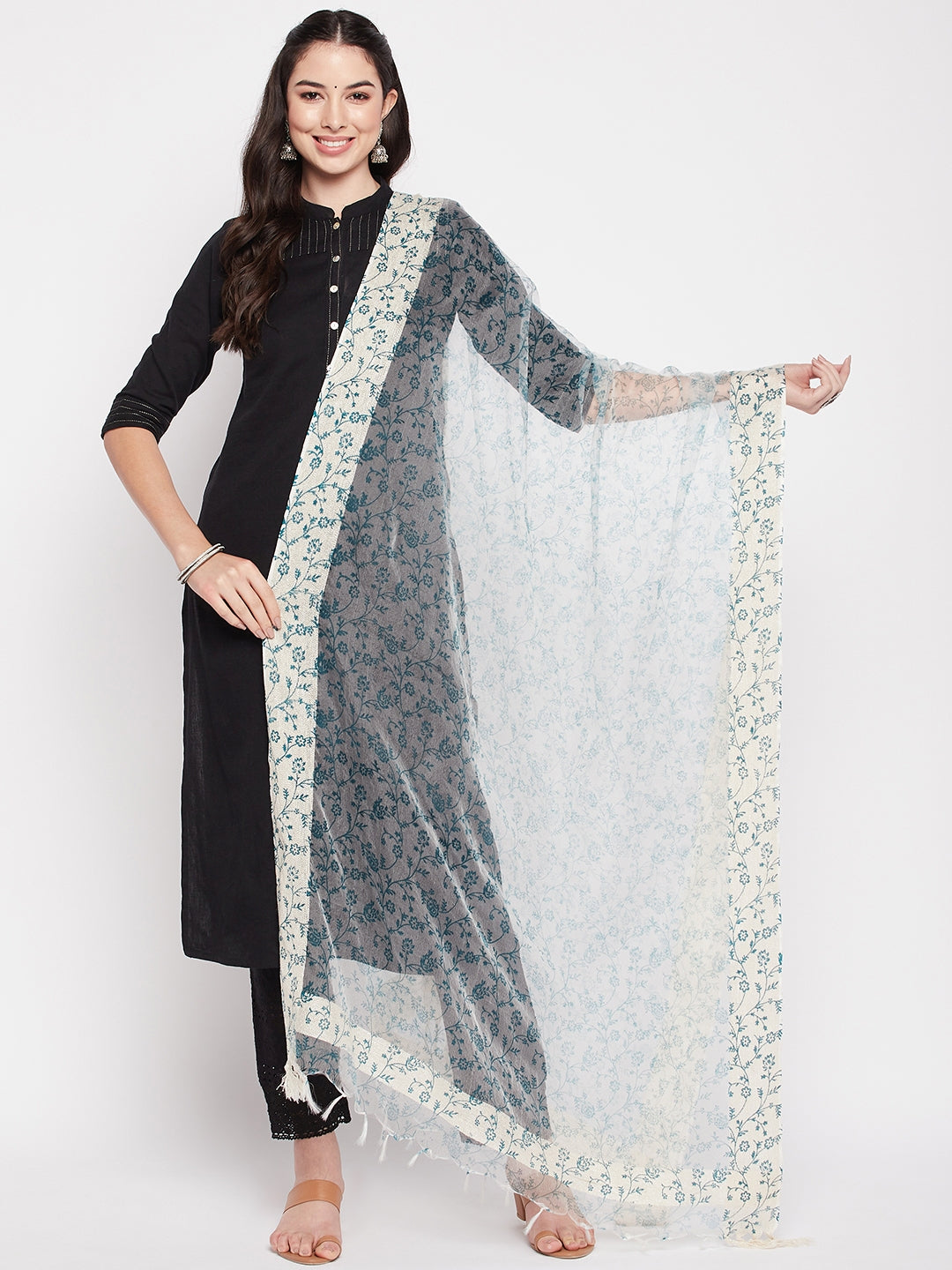 Peacock Blue Printed Organza Dupatta with Tasselled Border