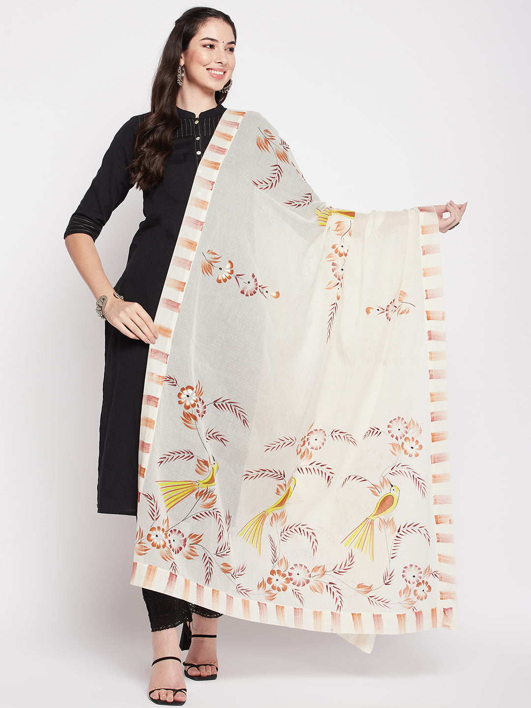 Off-White hand brush painted cotton dupatta with printed border.