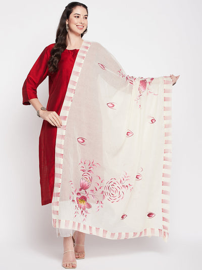 Off-White Hand Brush Painted Cotton Dupatta with Printed Border