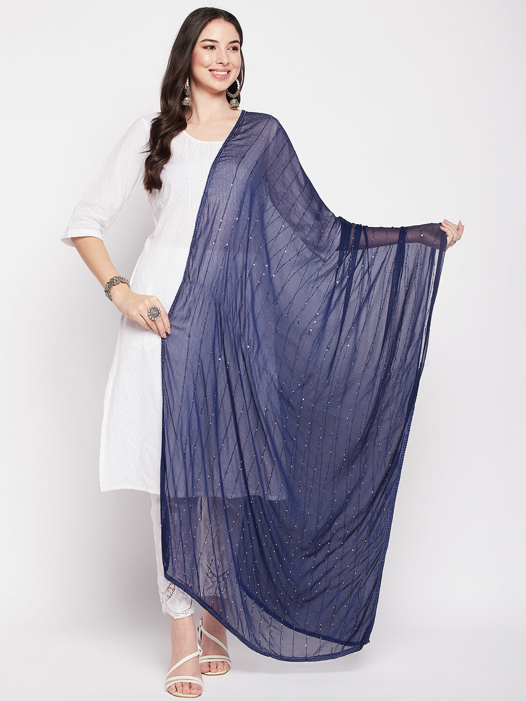 Navy blue embroidered chiffon dupatta with sequinned design and solid border.