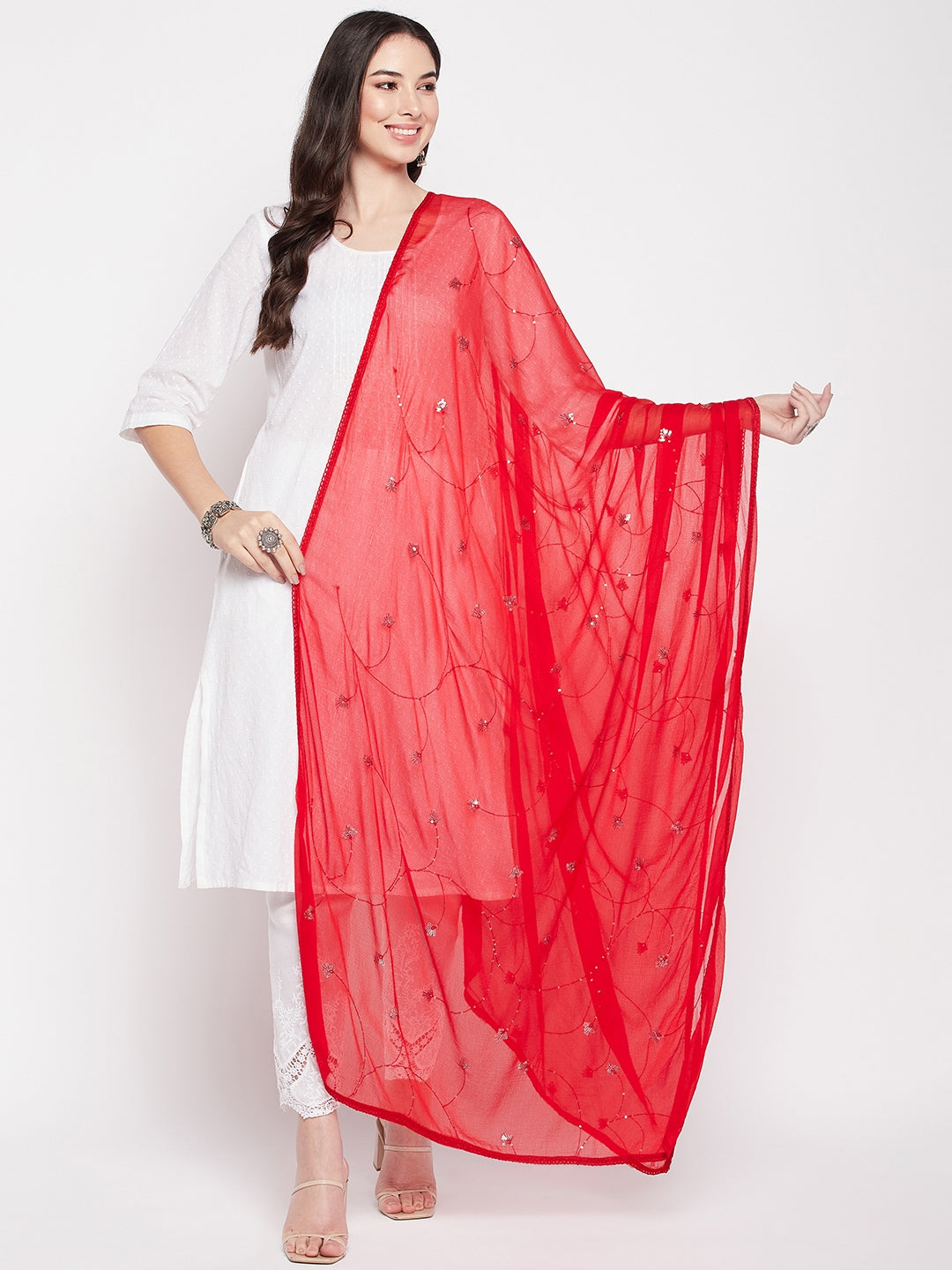 Red embroidered chiffon dupatta with sequinned details and solid border.