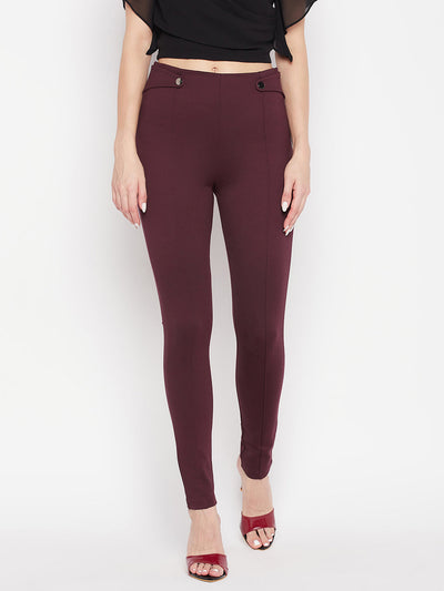 Wine Solid Relaxed Fit Jeggings with elasticated waistband and back pockets.