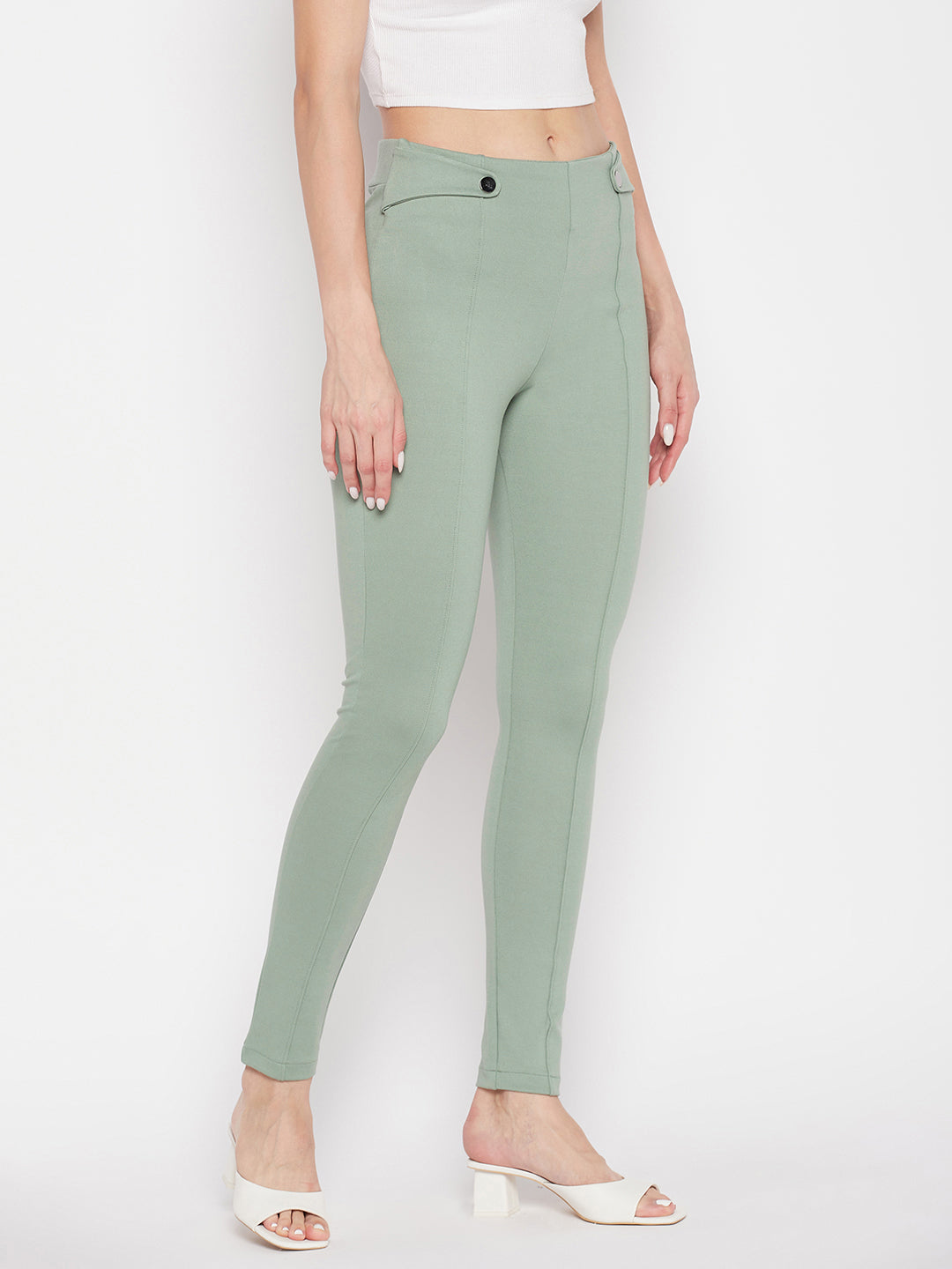 Clora Pista Green Solid Relaxed Fit Jeggings