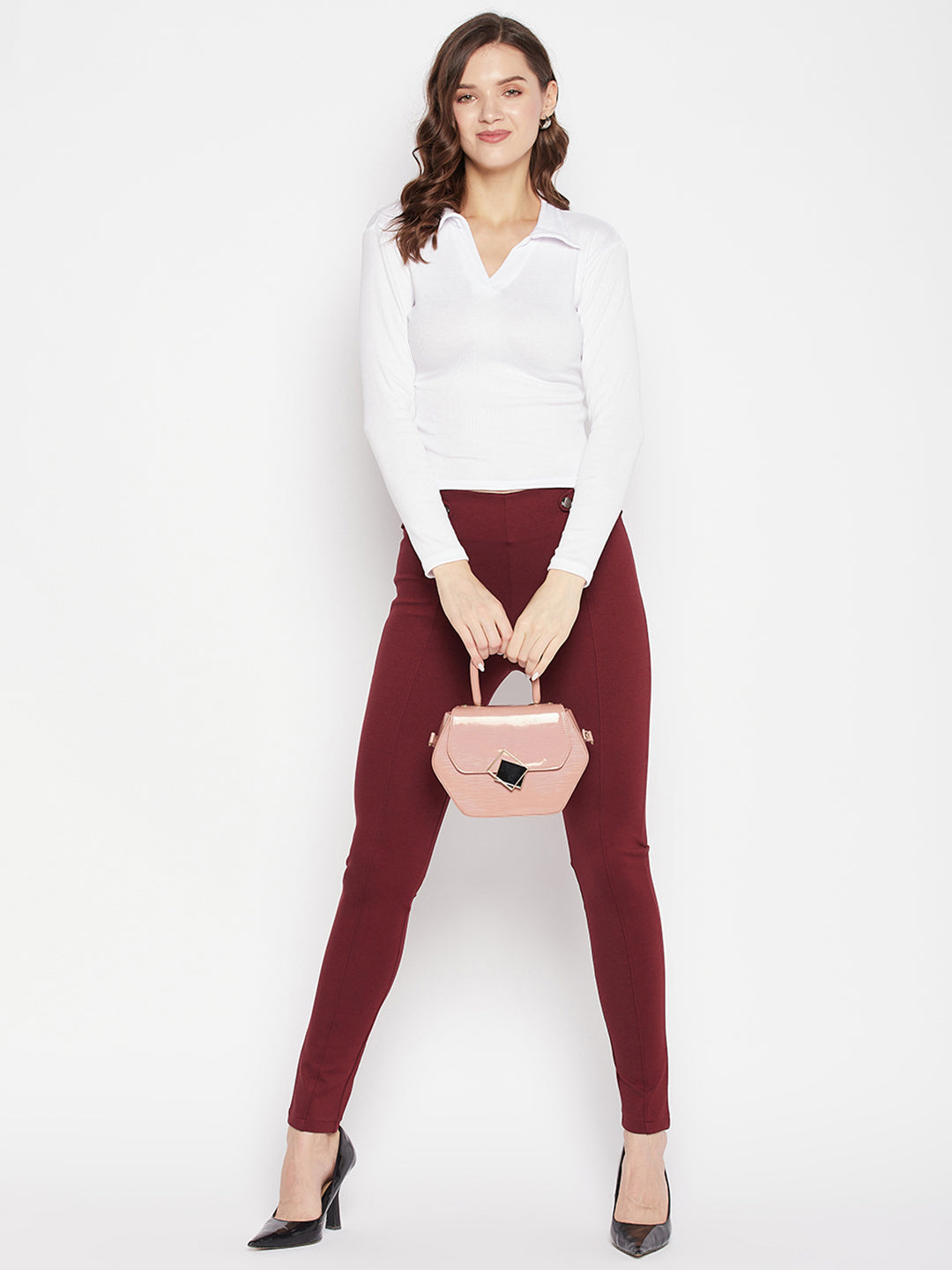 Clora Maroon Solid Relaxed Fit Jeggings