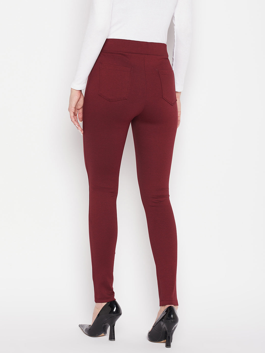 Clora Maroon Solid Relaxed Fit Jeggings