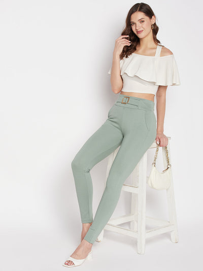 Clora Pista Green Solid Regular Fit Jeggings