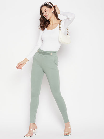 Clora Pista Green Solid Regular Fit Jeggings