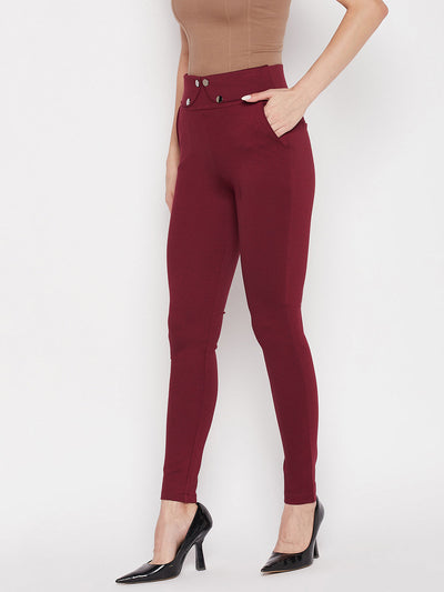 Clora Maroon Solid Relaxed Fit Jeggings