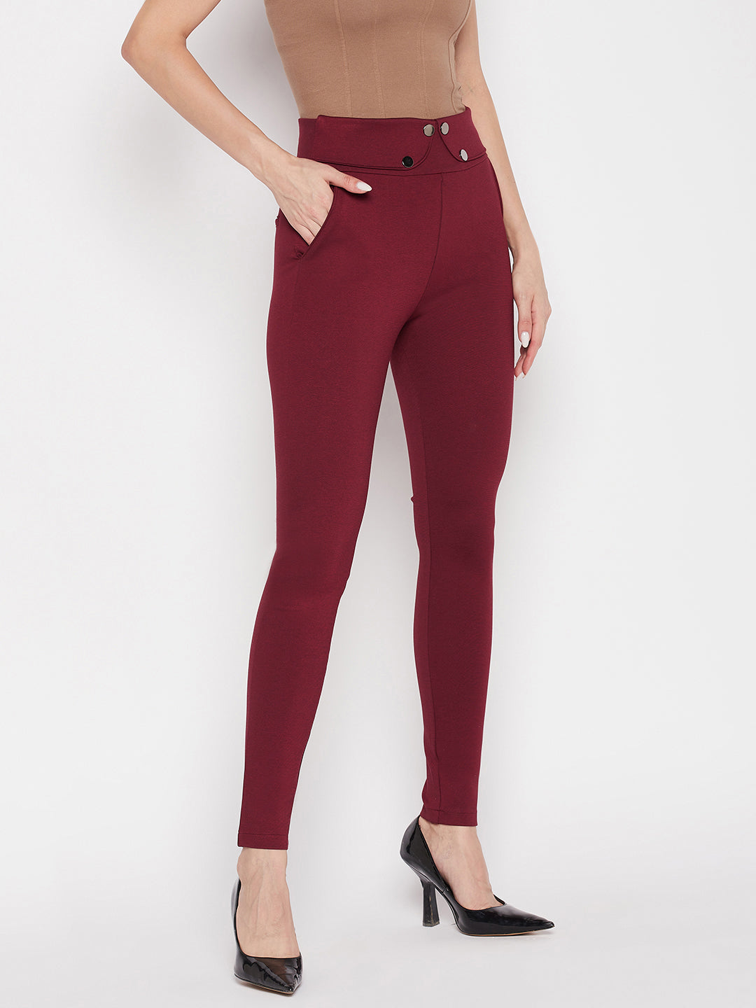 Clora Maroon Solid Relaxed Fit Jeggings