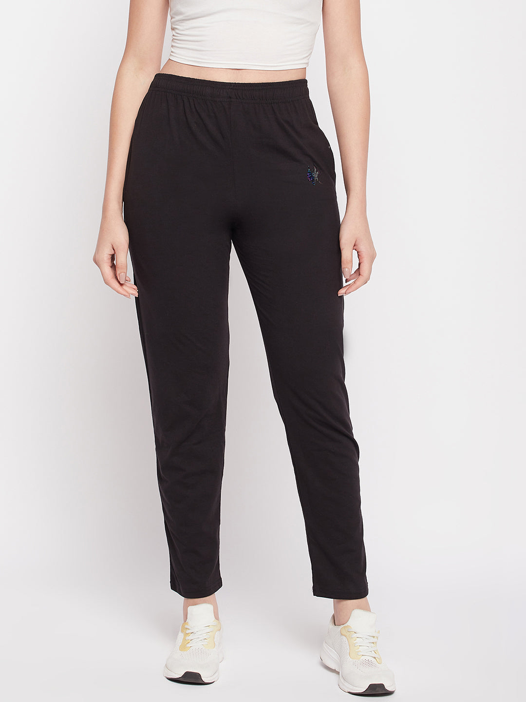 Clora Black Solid Mid Rise Cotton Track Pants