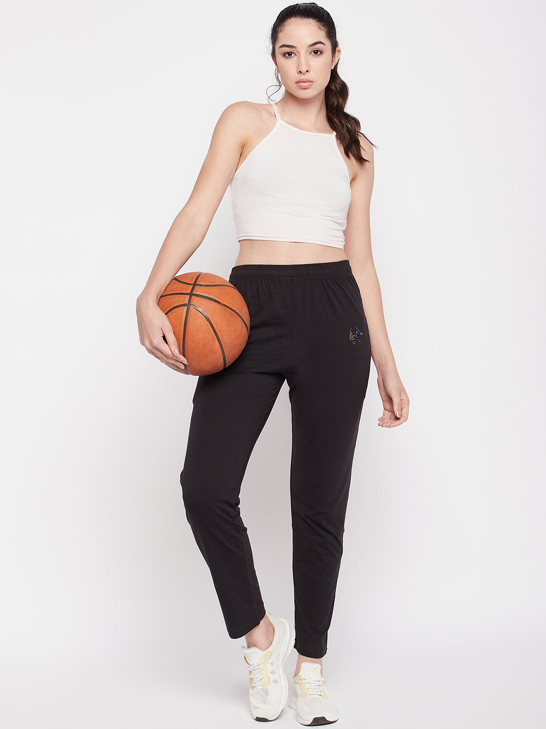 Clora Black Solid Mid Rise Cotton Track Pants