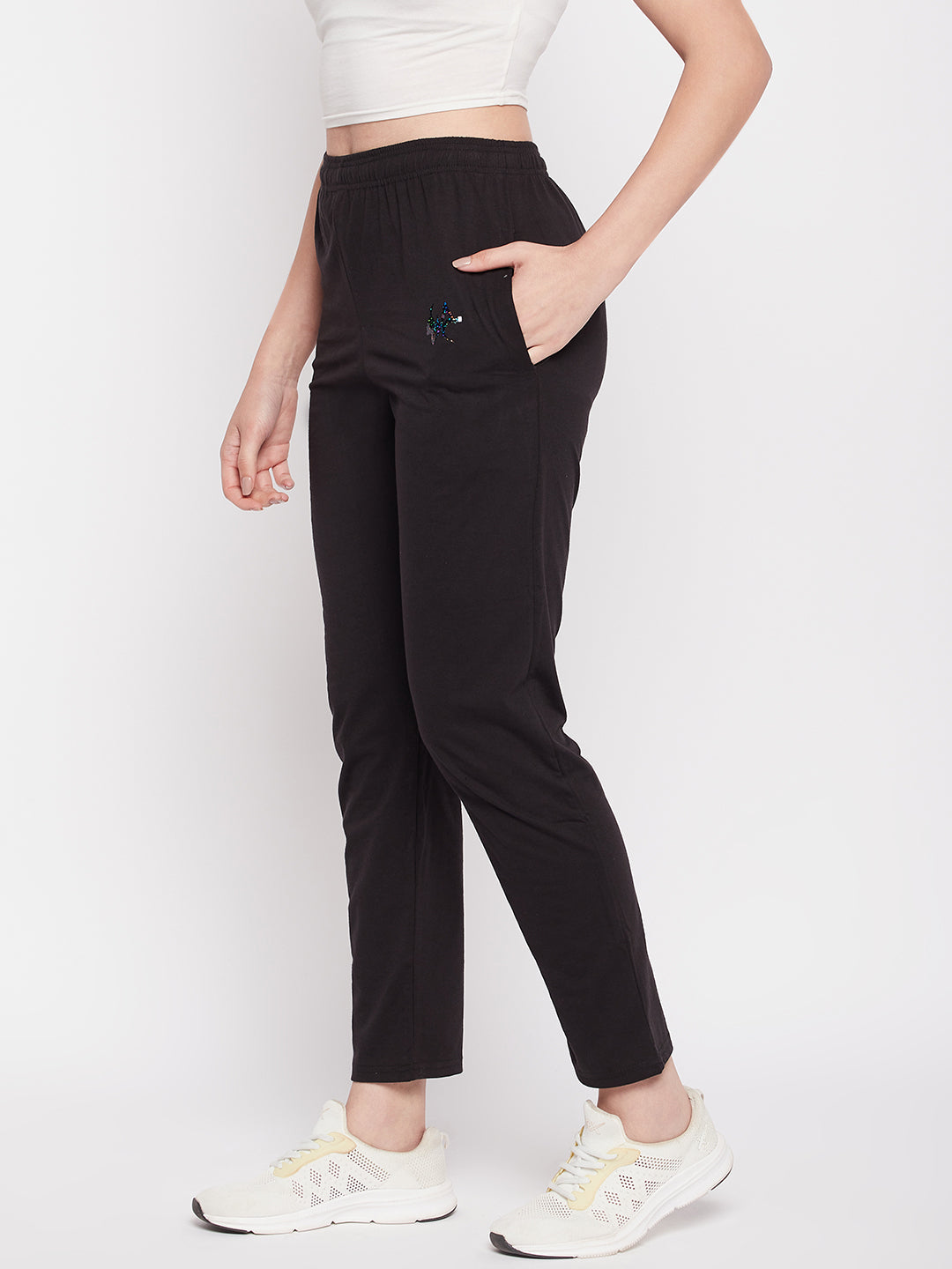 Clora Black Solid Mid Rise Cotton Track Pants