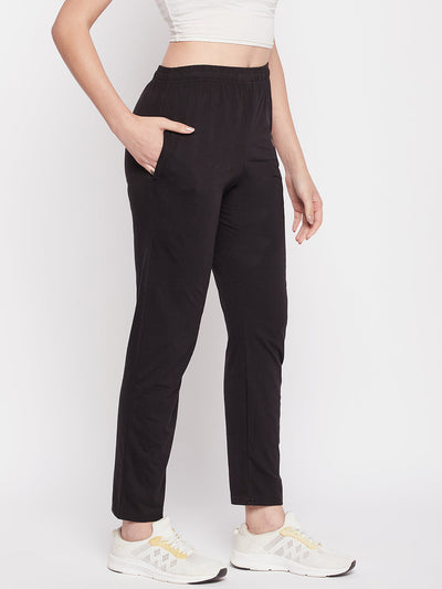 Clora Black Solid Mid Rise Cotton Track Pants