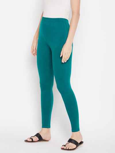 Peacock Blue Solid Ankle Length Leggings with Elasticated Waistband