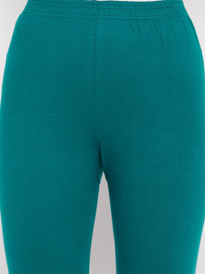 Peacock Blue Solid Ankle Length Leggings with Elasticated Waistband