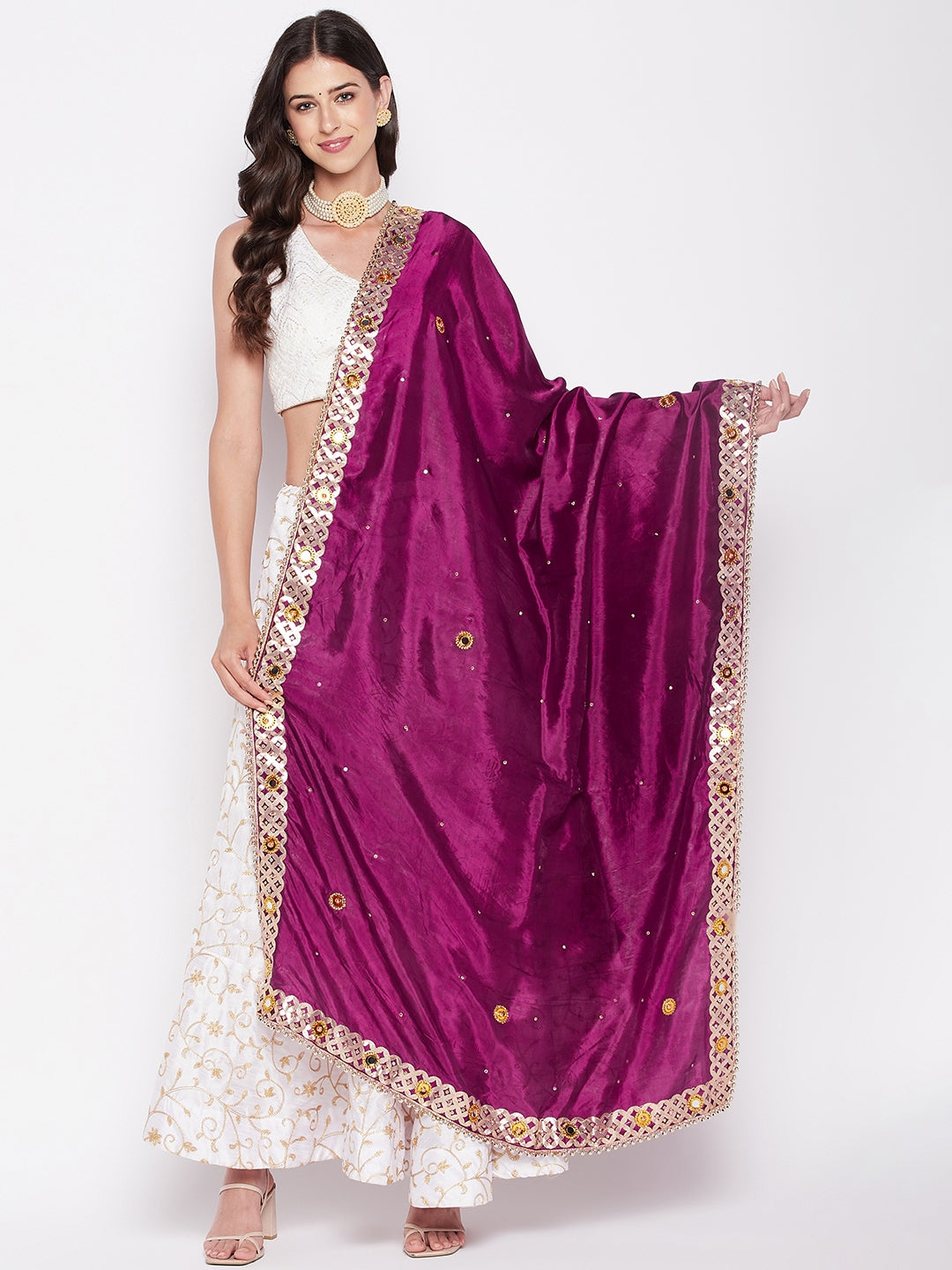 Wine Mirror Dupatta with heavy gotta patti and embellished border.