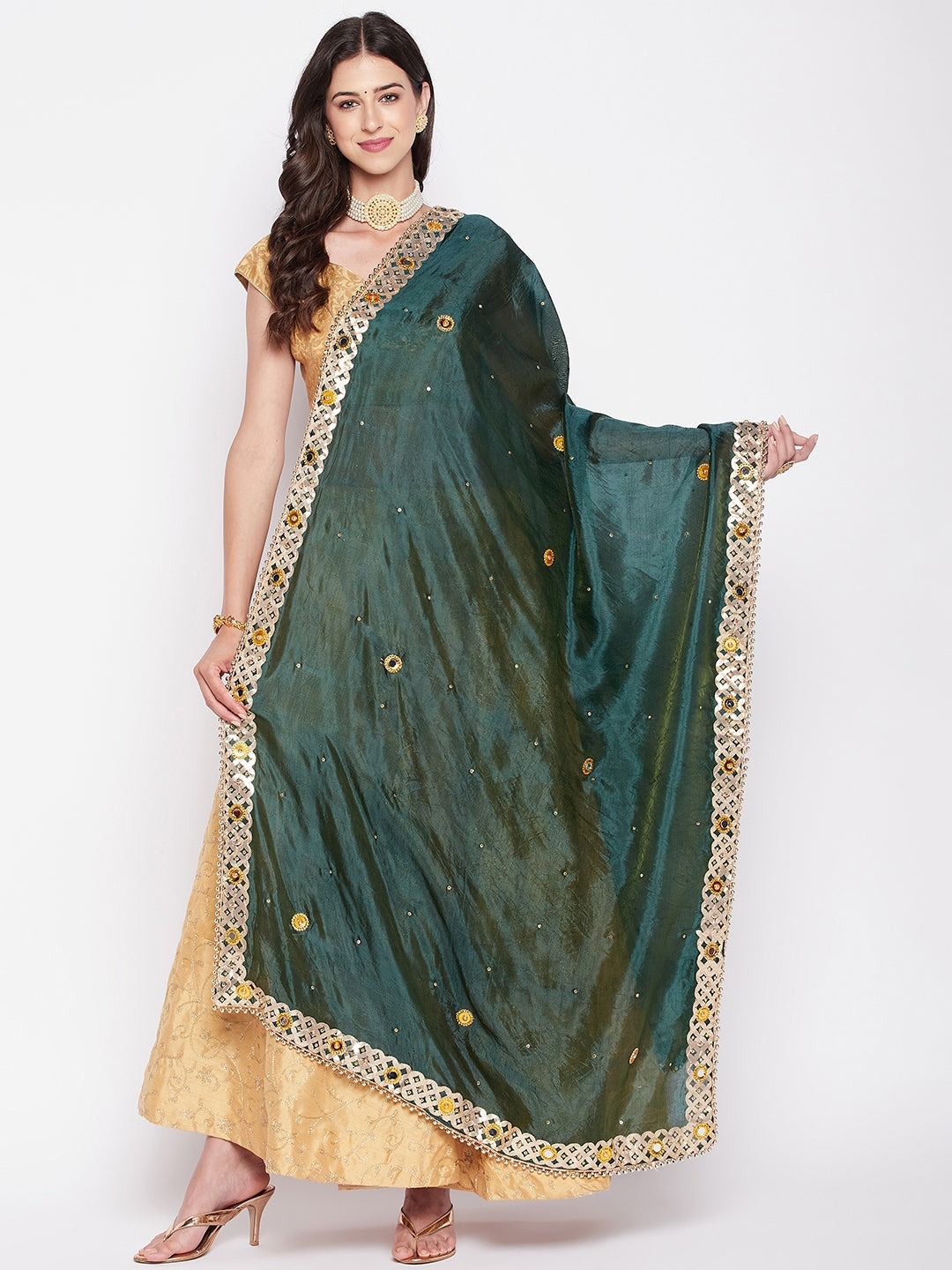 Clora Bottle Green Mirror Dupatta with Heavy Gotta Patti