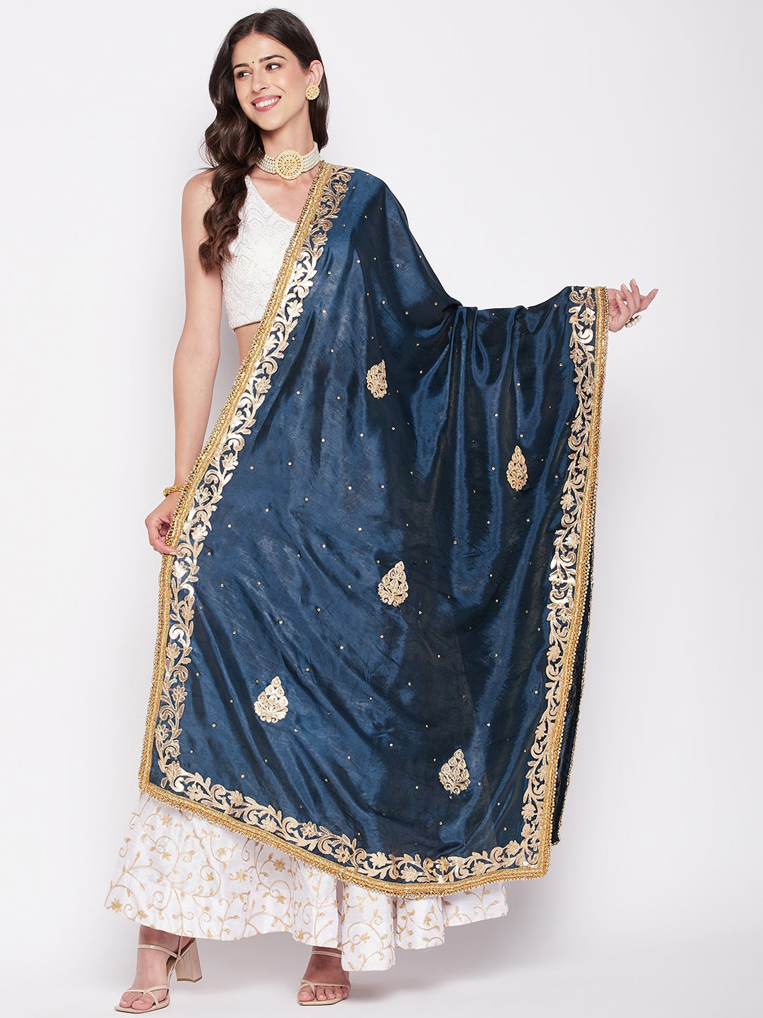 Peacock Blue Gotta Patti Silk Blend Dupatta with embellished border.