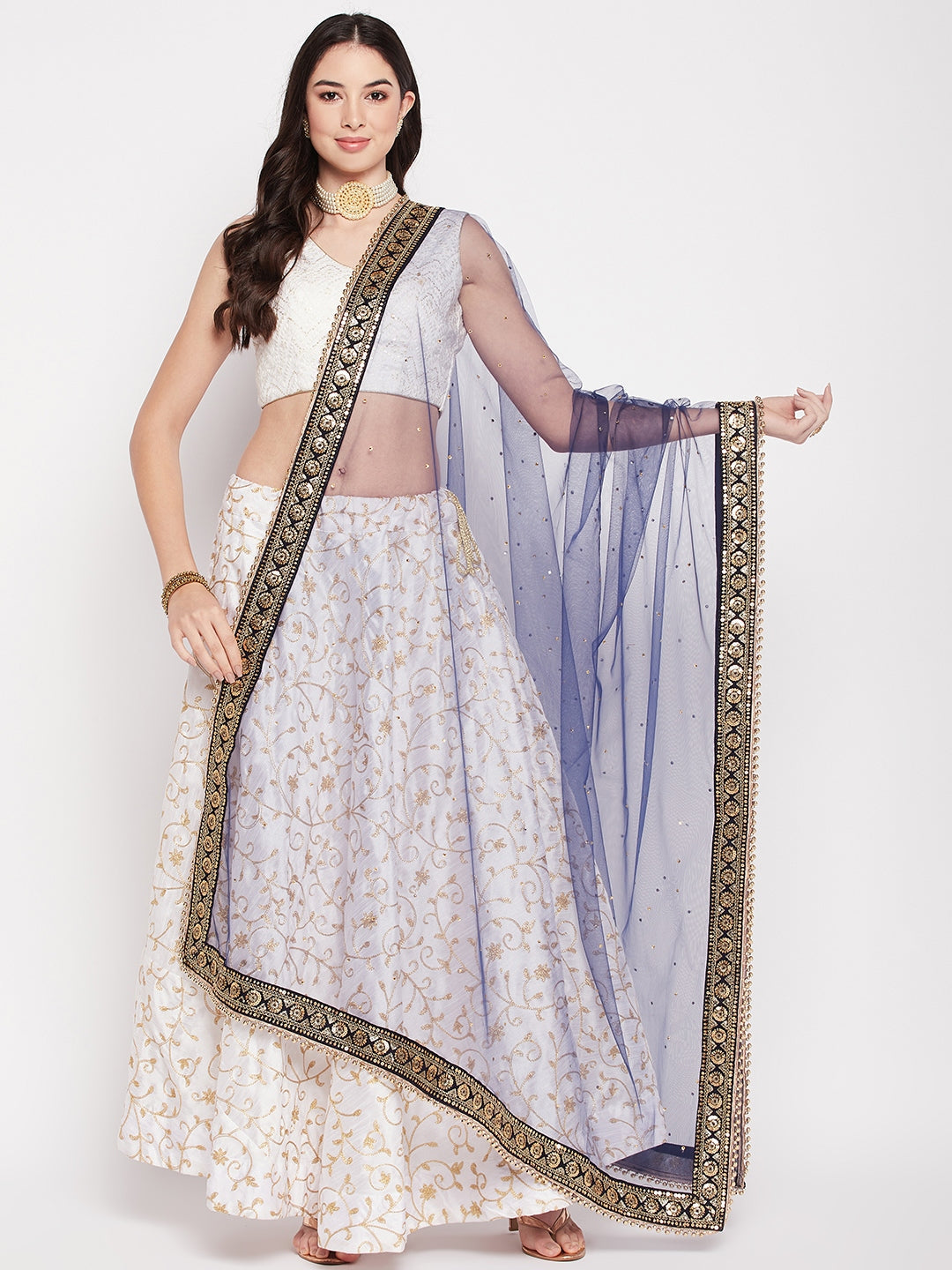 Navy Blue Embellished Net Dupatta with Sequinned Border