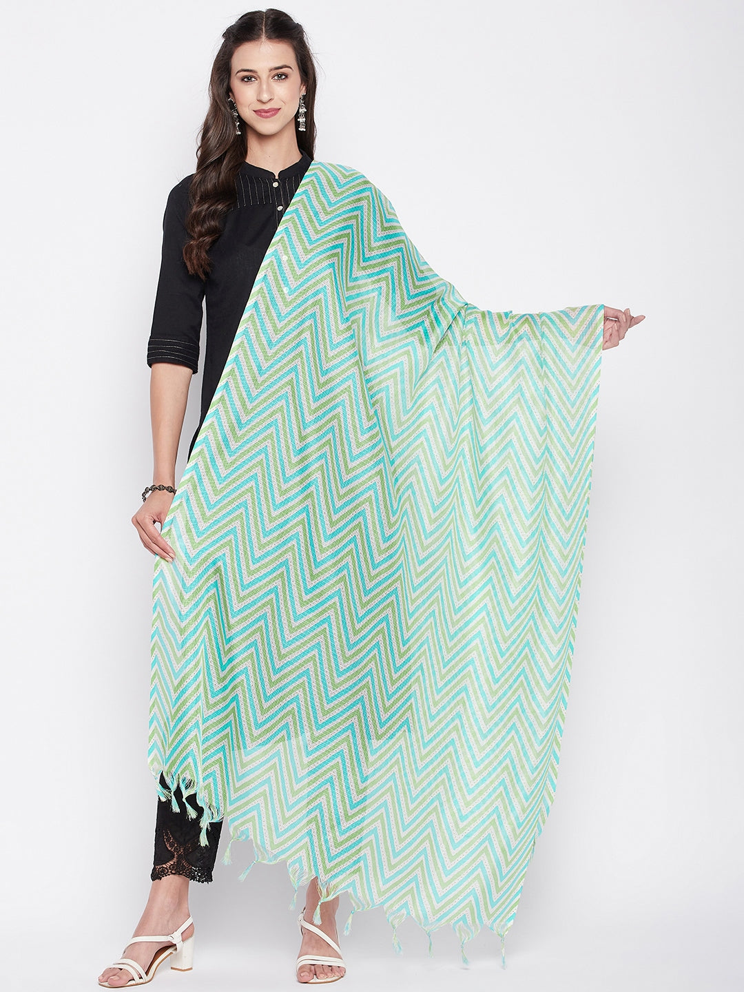 Rama Green Zig-Zag Print Kota Doria Dupatta with Tasselled Border