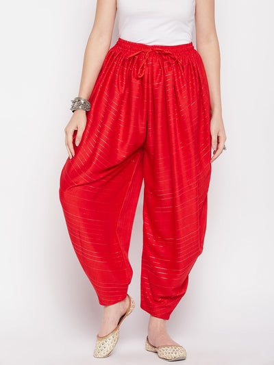 Red Rayon Lurex Dhoti Salwar with elastic waistband and drawstring.