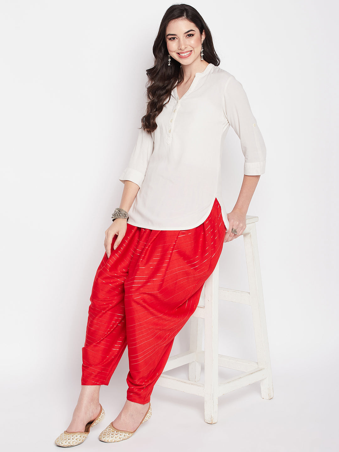 Red Rayon Lurex Dhoti Salwar with elasticated waistband and drawstring.