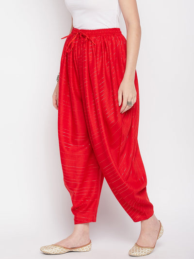 Red Rayon Lurex Dhoti Salwar with elasticated waistband and drawstring.