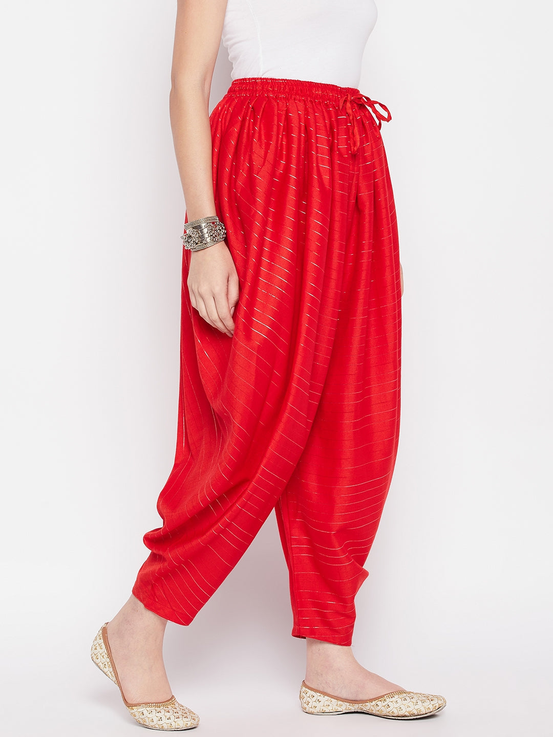 Red Rayon Lurex Dhoti Salwar with elasticated waistband and drawstring.