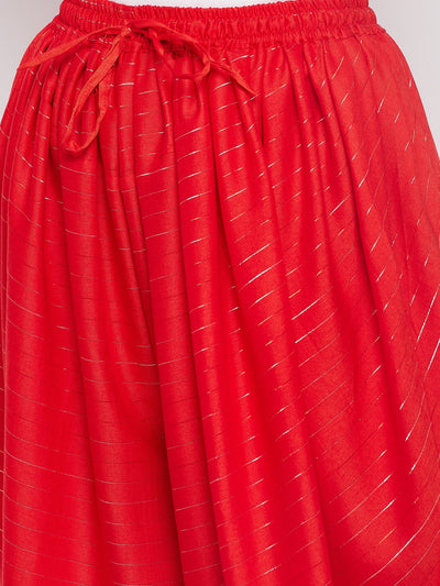 Red Rayon Lurex Dhoti Salwar with elastic waistband and drawstring.