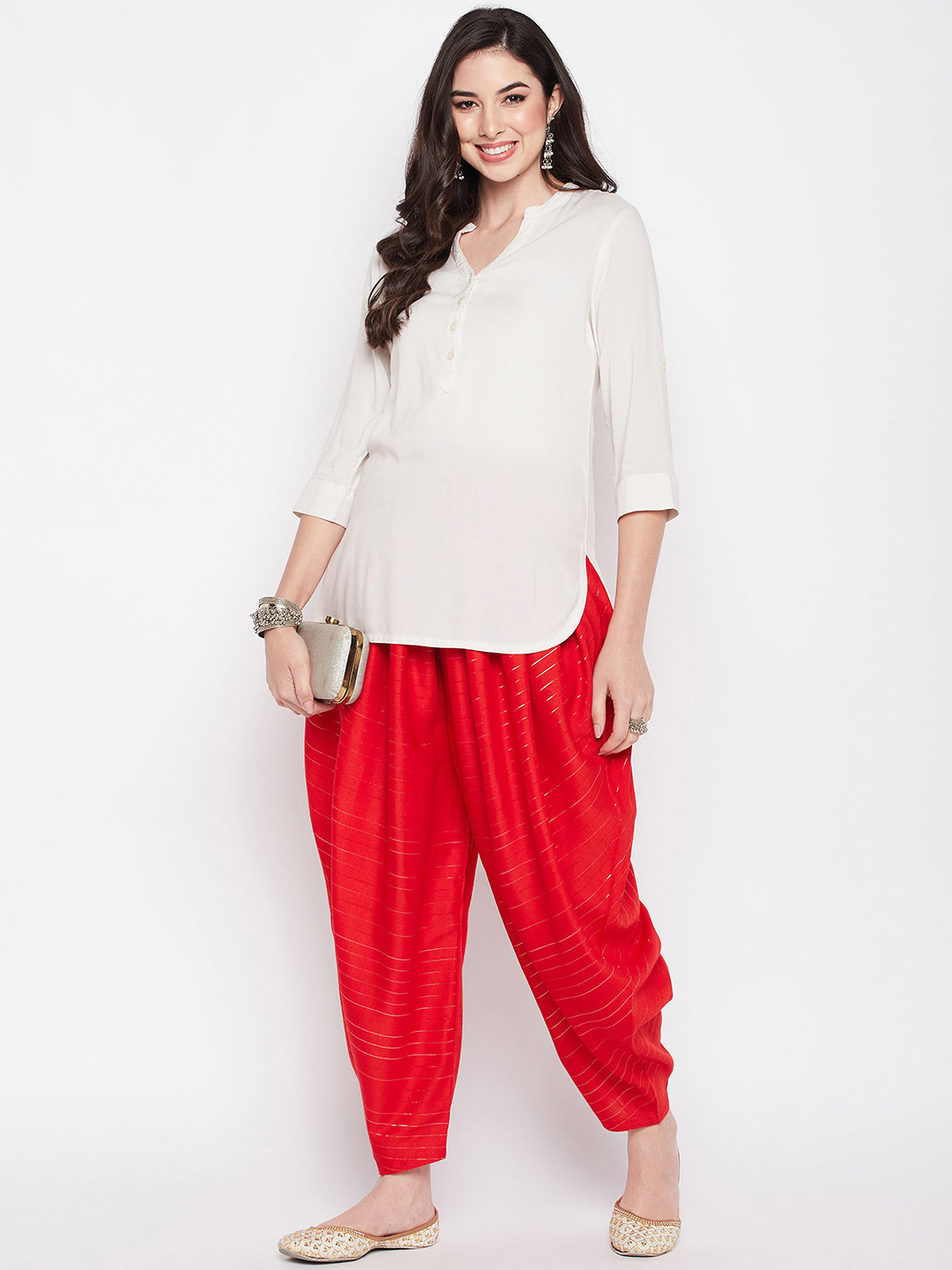 Red Rayon Lurex Dhoti Salwar with elasticated waistband and drawstring.