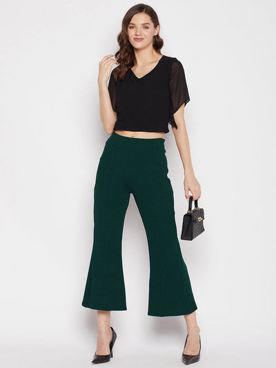 Bottle Green Regular Fit Solid Bootcut Trousers with Elasticated Waistband