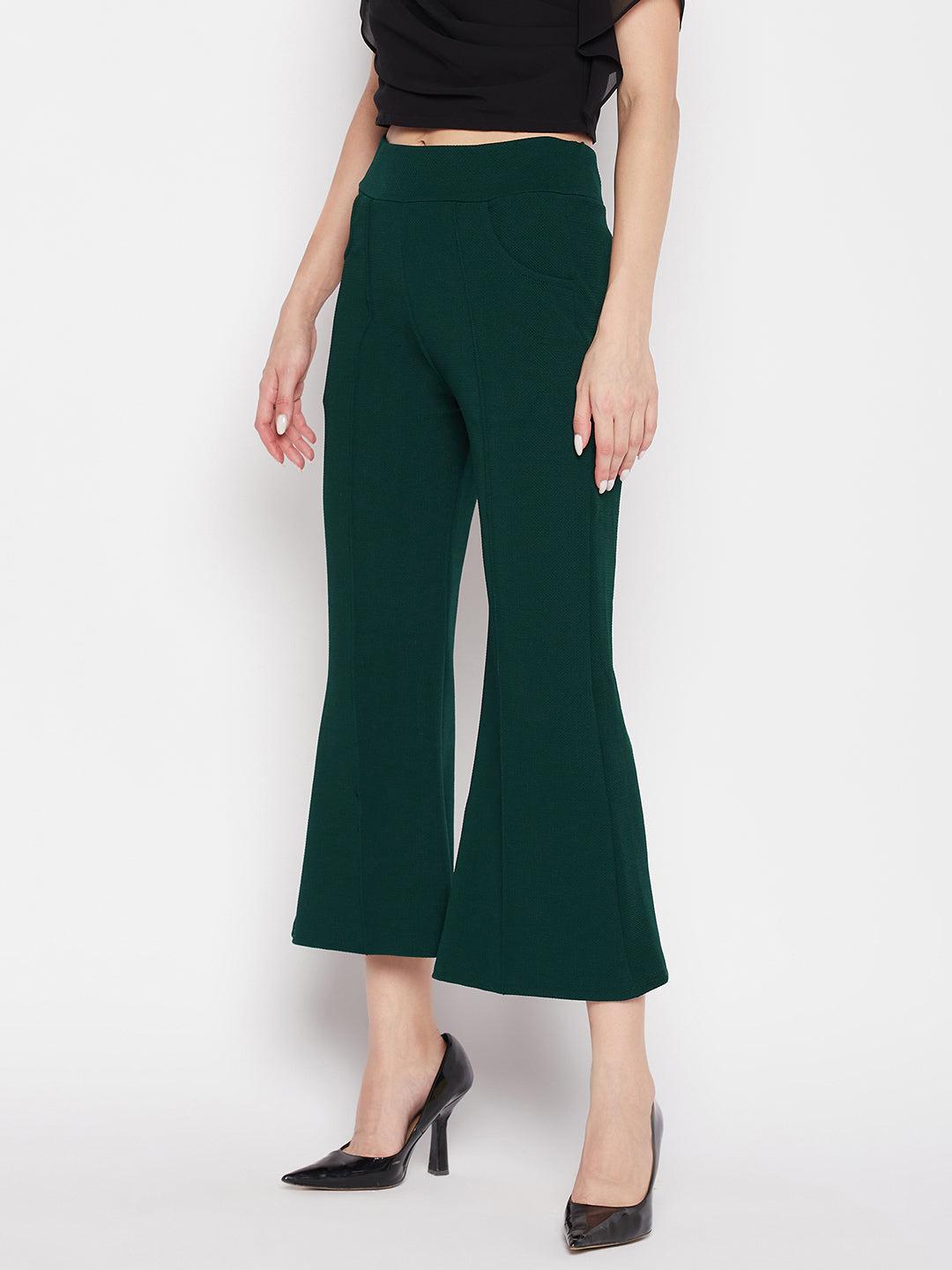 Bottle Green Regular Fit Ankle Length Bootcut Trousers with Elasticated Waistband