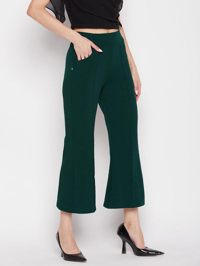 Bottle Green Regular Fit Solid Bootcut Trousers with Elasticated Waistband.