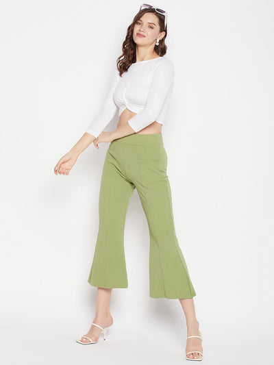 Sea Green Regular Fit Solid Bootcut Trousers with elasticated waistband.