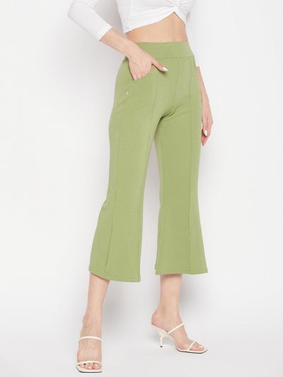 Sea Green Regular Fit Solid Bootcut Trousers with Elasticated Waistband