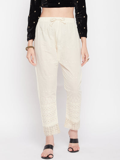 Off-White Embroidered Chikankari Straight Cotton Palazzo with elastic waistband and drawstring.