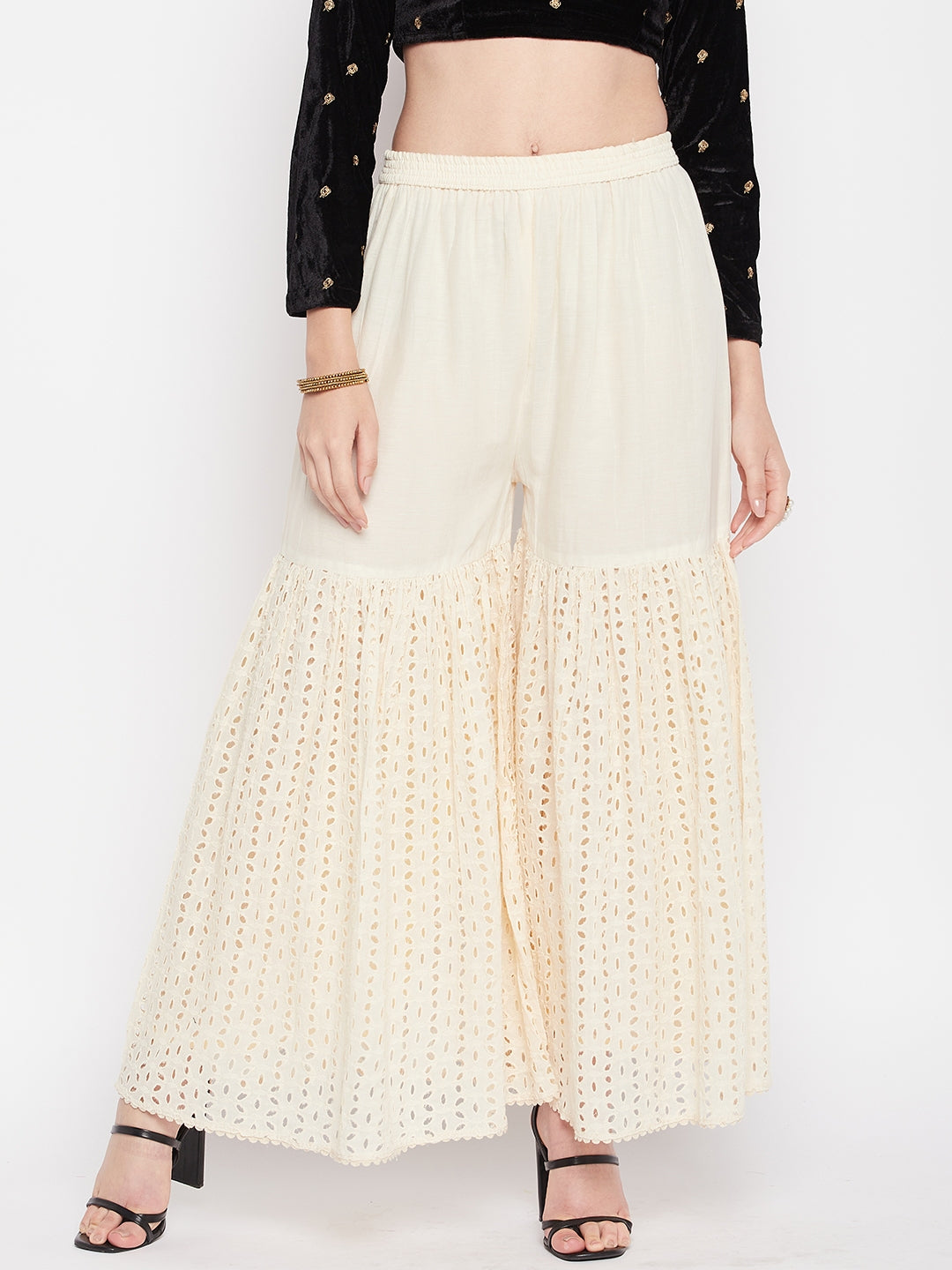 Off-White Chikankari Cotton Flared Gharara with elasticated waistband and lining.