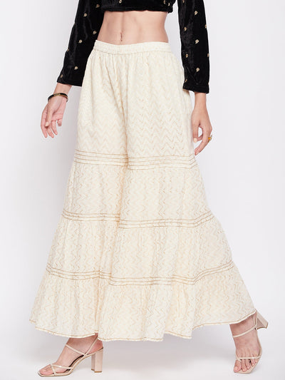 Off-White self-design cotton flared Gharara with elasticated waistband.