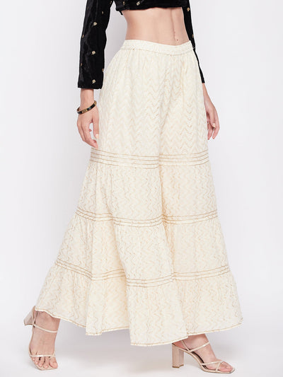 Off-White Self Design Cotton Flared Gharara with Elasticated Waistband