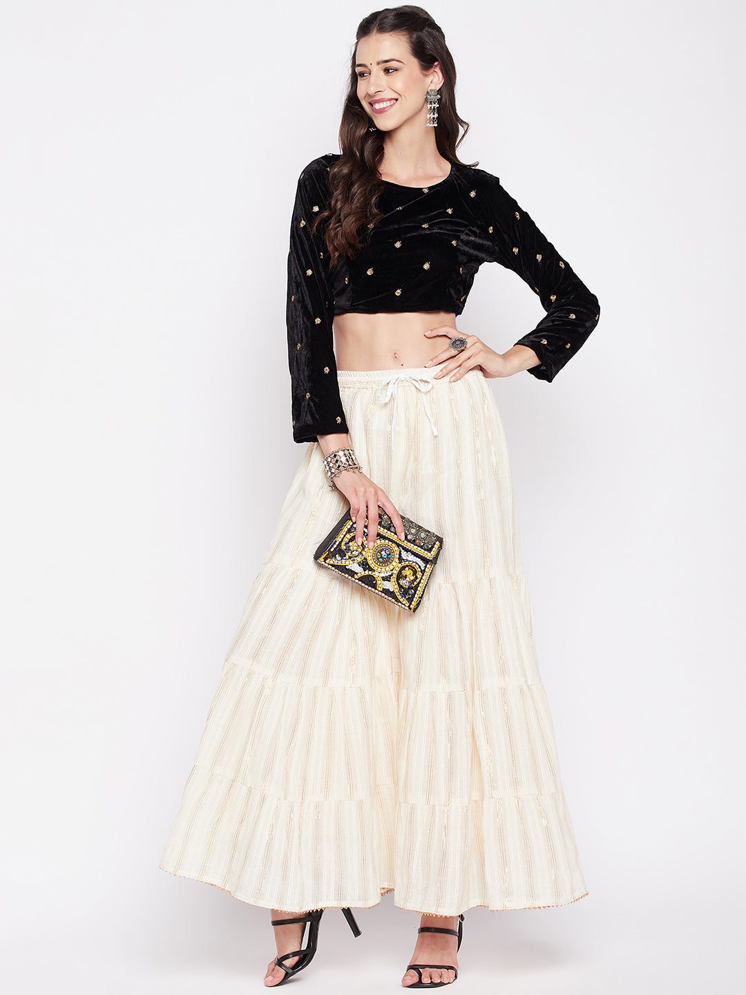 Off-White Golden Lurex Embellished Cotton Gharara with elasticated waistband and flared hem.