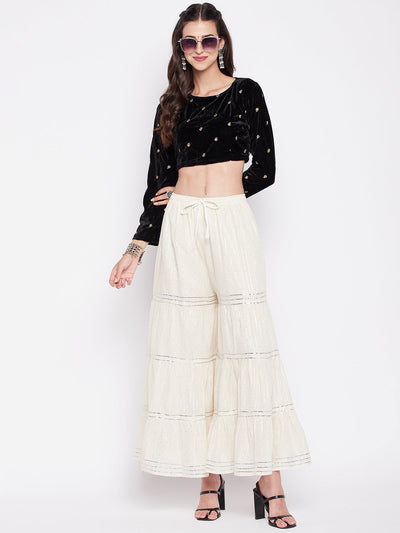 Off-White Silver Lurex Embellished Cotton Gharara with drawstring waistband and flared hem.