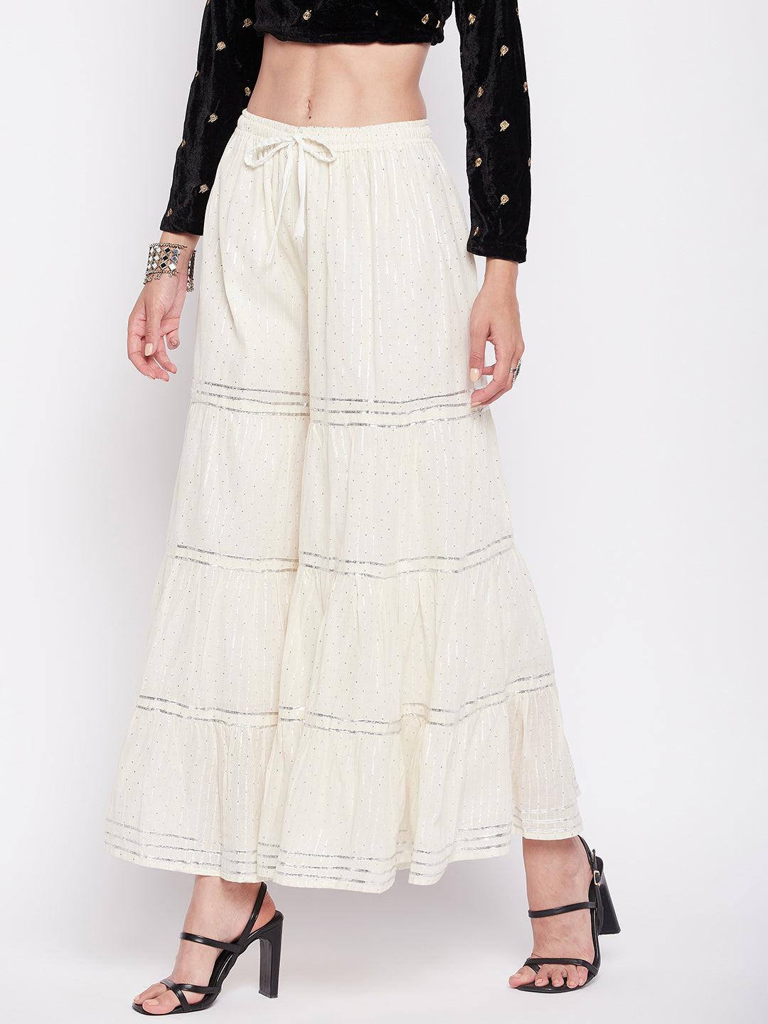 Off-White Silver Lurex embellished cotton gharara with drawstring waistband and flared hem.