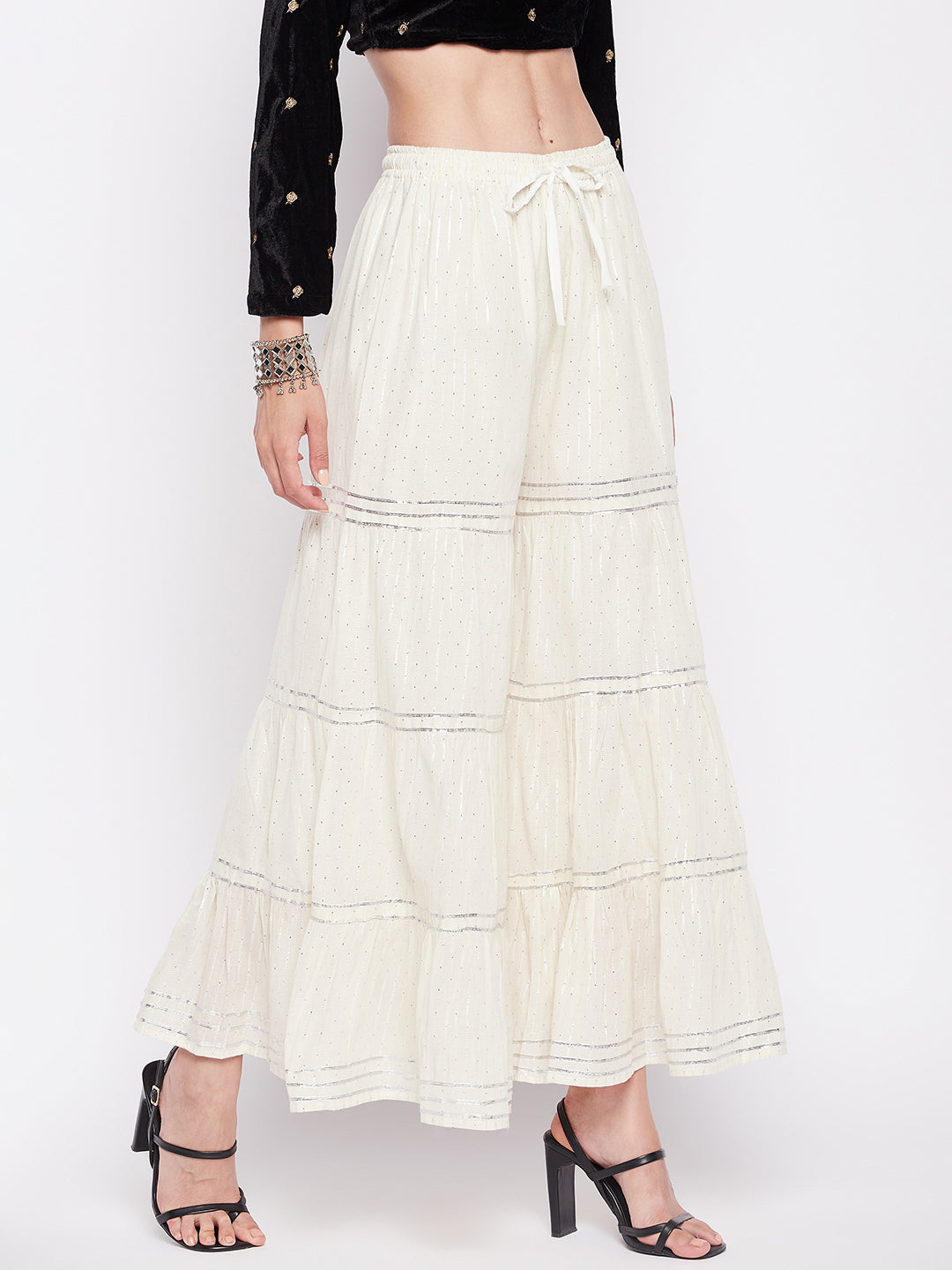 Off-White Silver Lurex Embellished Cotton Gharara with Elasticated Waistband and Flared Hem.