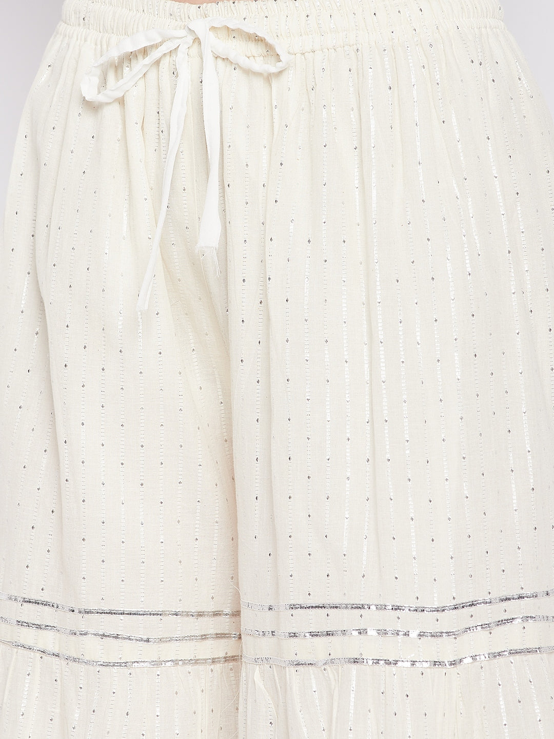 Off-White Silver Lurex Embellished Cotton Gharara with elasticated waistband and flared hem.